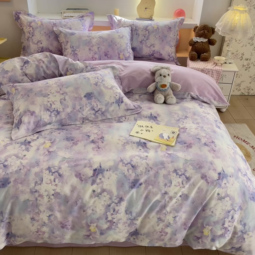 91家纺网 家纺一手货源 找家纺 帛美家纺 2025新款纯棉全棉印花四件套 花影朦胧