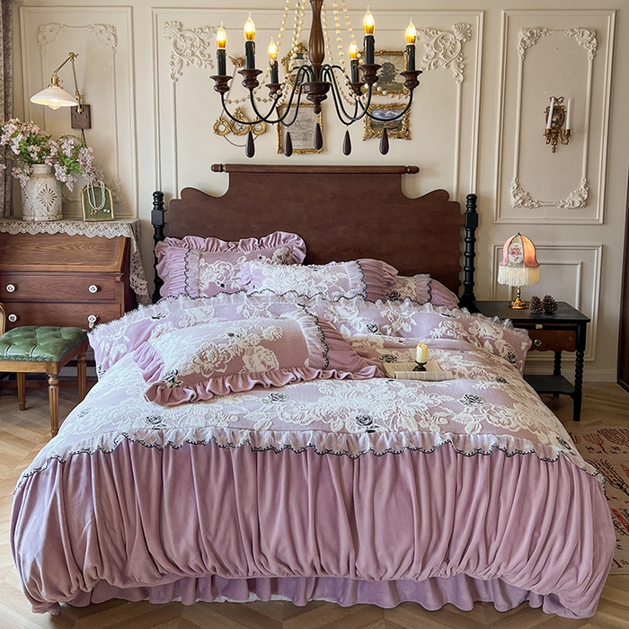 91家纺网 家纺一手货源 找家纺 （总）网红馆（ck家纺） 2025新款牛奶绒雕花花边四件套--国色天香