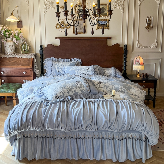 91家纺网 家纺一手货源 找家纺 网红馆（ck家纺） 2025新款牛奶绒雕花花边四件套--国色天香 国色天香 兰色