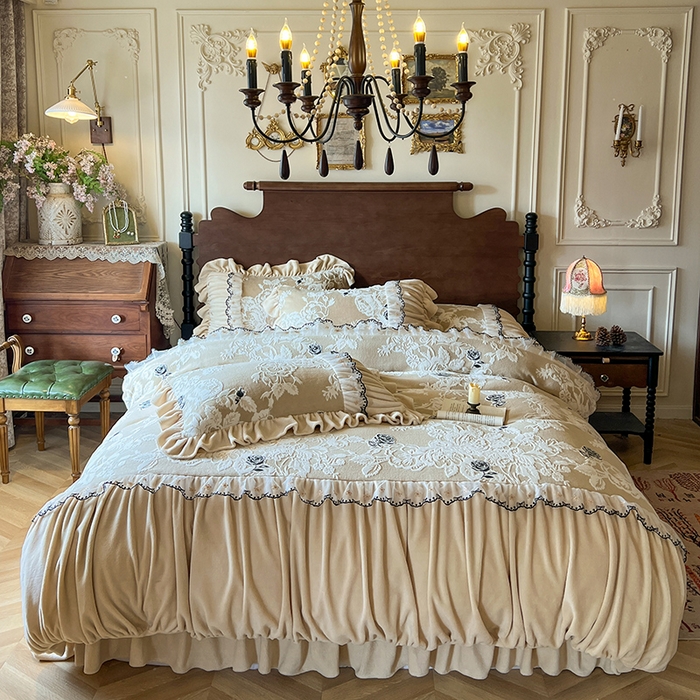 网红馆（ck家纺） 2025新款牛奶绒雕花花边四件套--国色天香 国色天香 卡其