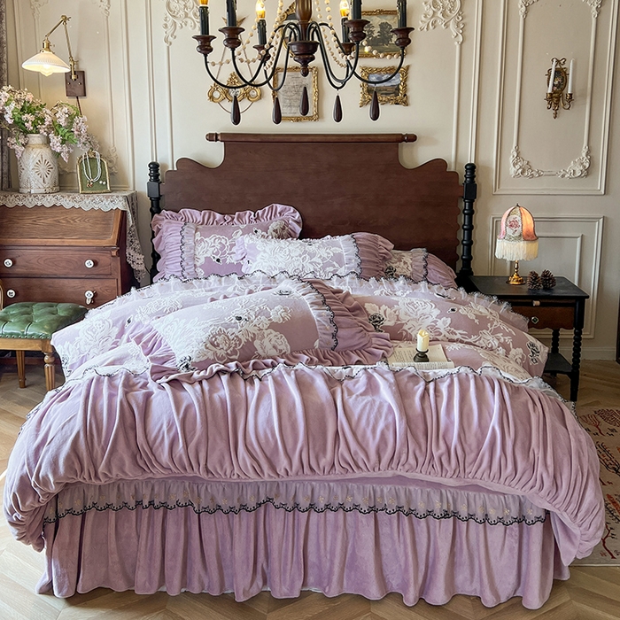 91家纺网 家纺一手货源 找家纺 网红馆（ck家纺） 2025新款牛奶绒雕花花边四件套--国色天香 国色天香 豆沙