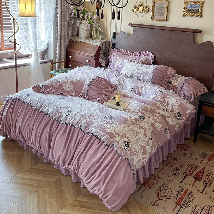 91家纺网 家纺一手货源 找家纺 网红馆（ck家纺） 2025新款牛奶绒雕花花边四件套--国色天香 国色天香 豆沙