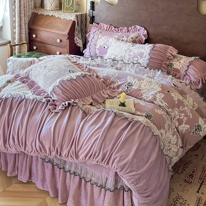 91家纺网 家纺一手货源 找家纺 网红馆（ck家纺） 2025新款牛奶绒雕花花边四件套--国色天香 国色天香 豆沙