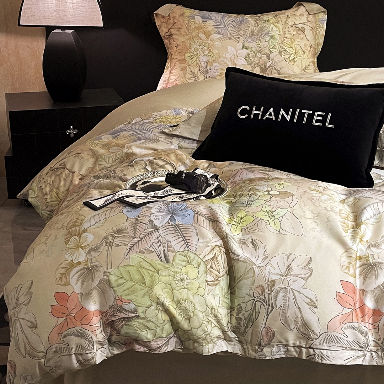 91家纺网 家纺一手货源 找家纺 大渔生活 2025新款贡缎长绒棉高品数码印花四件套 花屿织叶