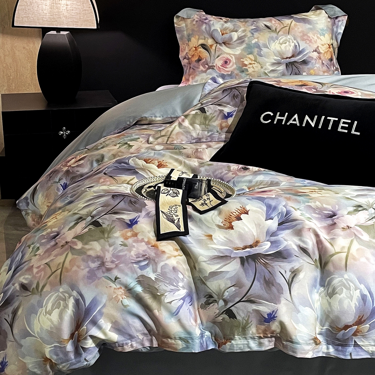 91家纺网 家纺一手货源 找家纺 大渔生活 2025新款贡缎长绒棉高品数码印花四件套 幻彩花眠