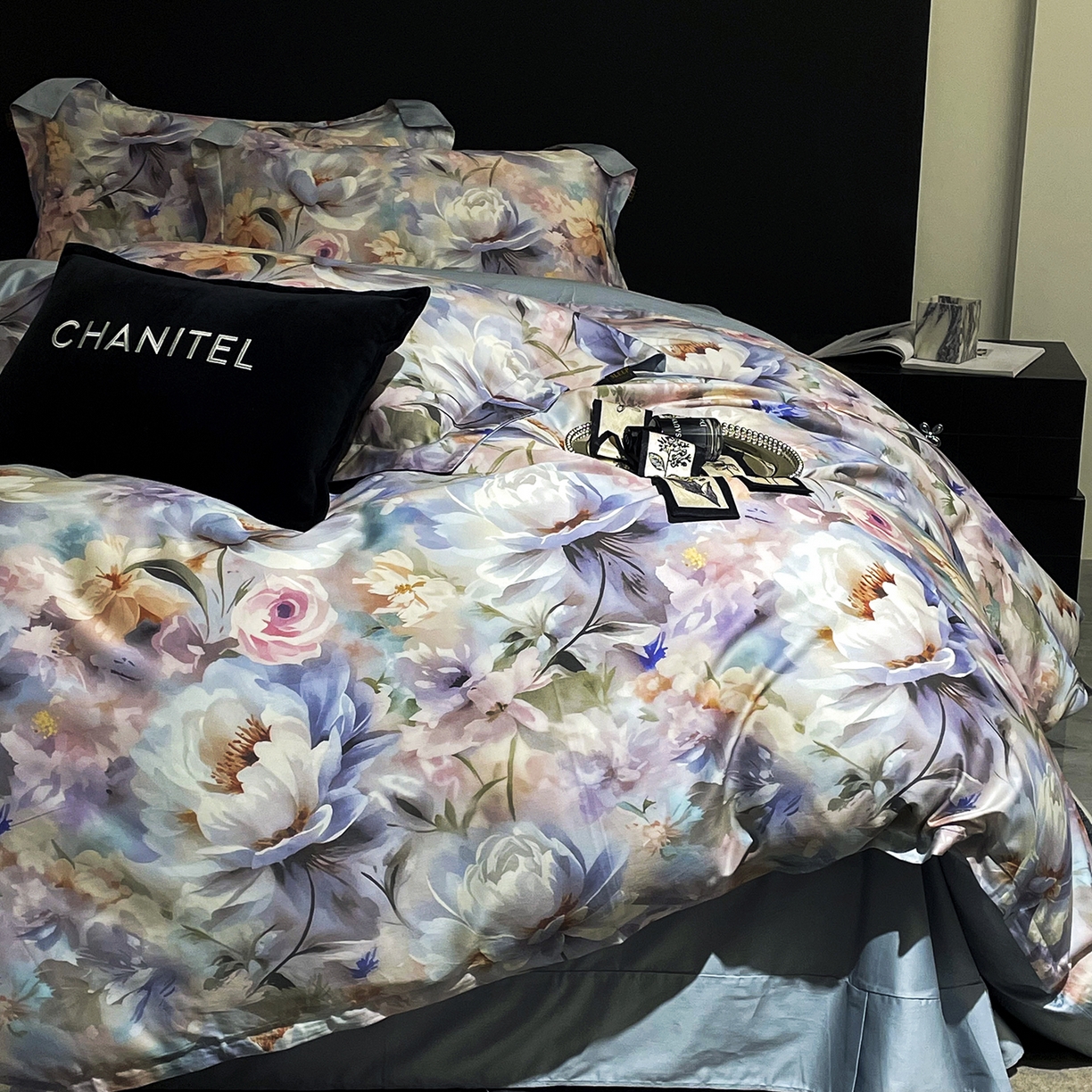 91家纺网 家纺一手货源 找家纺 大渔生活 2025新款贡缎长绒棉高品数码印花四件套 幻彩花眠