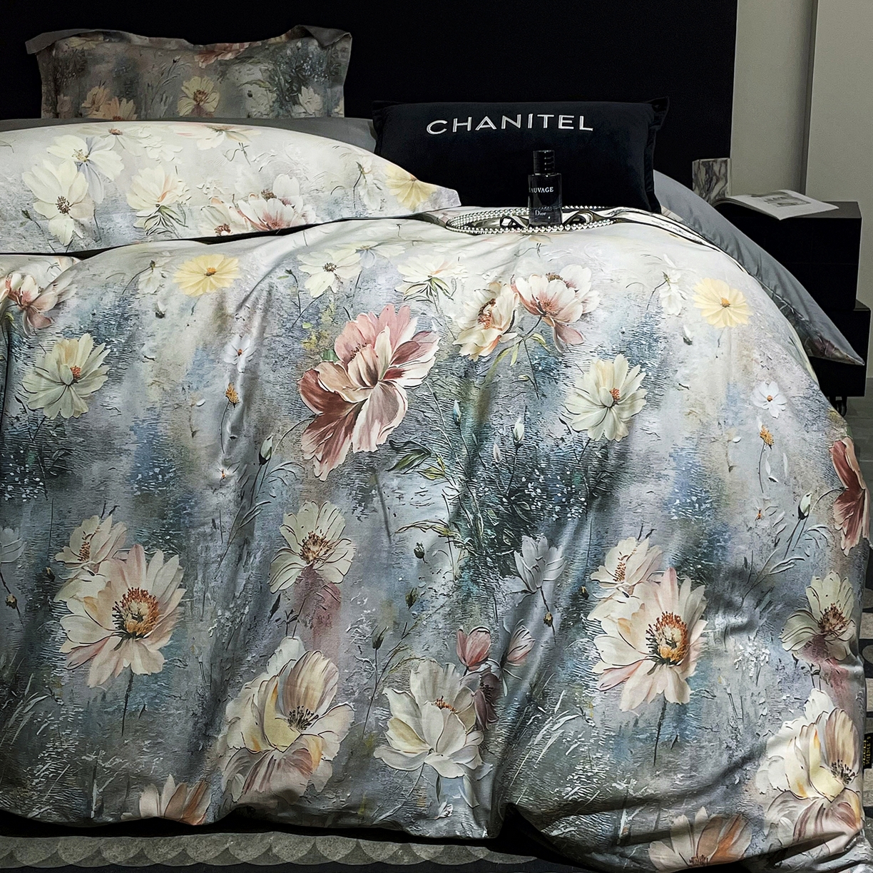 91家纺网 家纺一手货源 找家纺 大渔生活 2025新款贡缎长绒棉高品数码印花四件套 清梦花漪