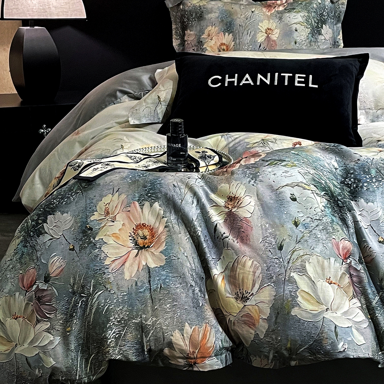 91家纺网 家纺一手货源 找家纺 大渔生活 2025新款贡缎长绒棉高品数码印花四件套 清梦花漪