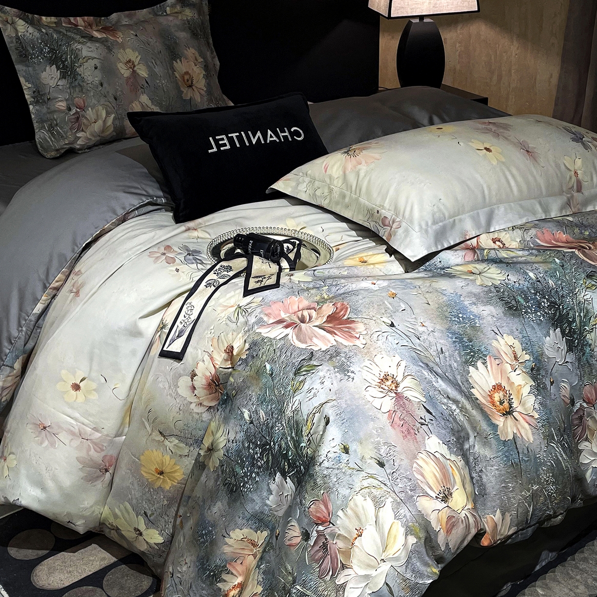 91家纺网 家纺一手货源 找家纺 大渔生活 2025新款贡缎长绒棉高品数码印花四件套 清梦花漪