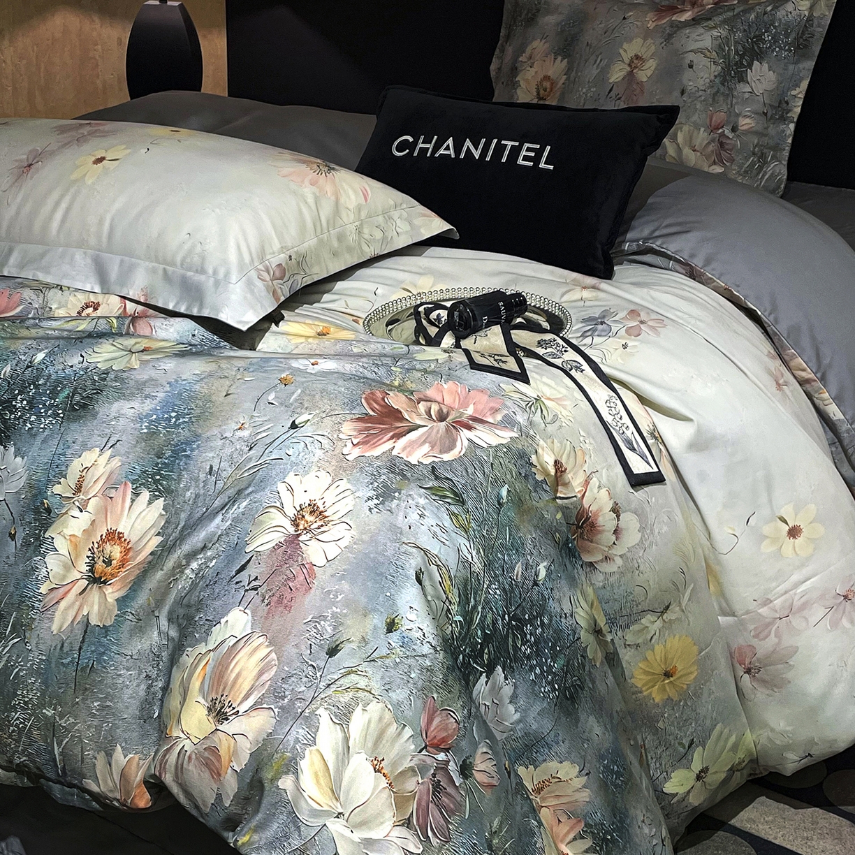 91家纺网 家纺一手货源 找家纺 大渔生活 2025新款贡缎长绒棉高品数码印花四件套 清梦花漪