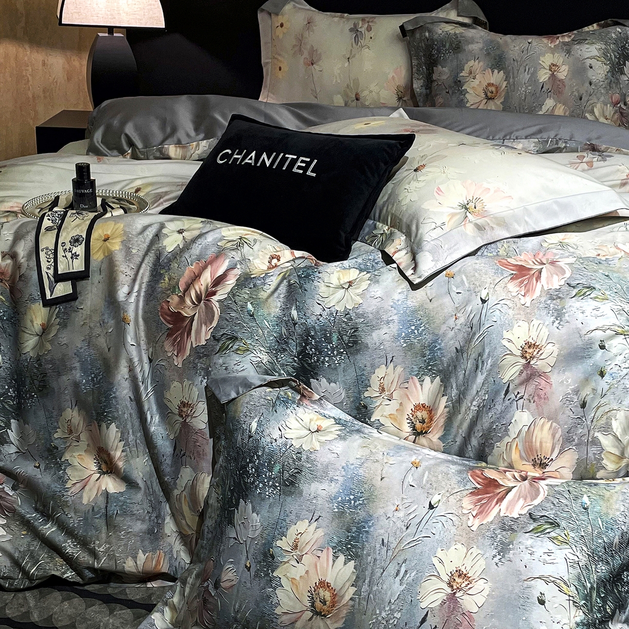 91家纺网 家纺一手货源 找家纺 大渔生活 2025新款贡缎长绒棉高品数码印花四件套 清梦花漪