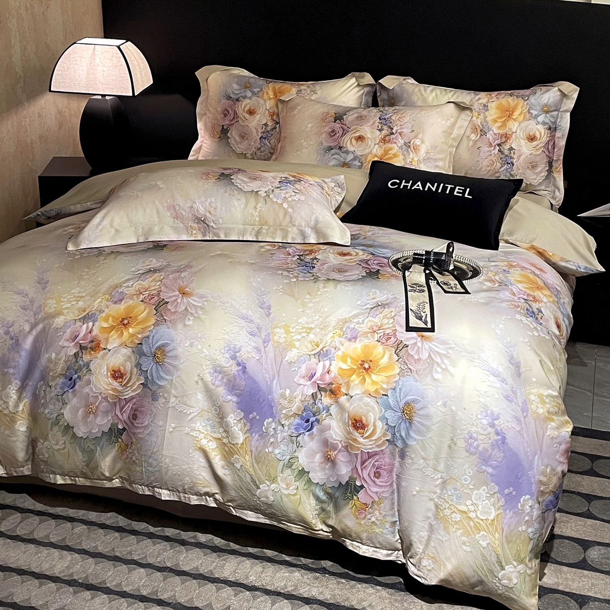 91家纺网 家纺一手货源 找家纺 大渔生活 2025新款贡缎长绒棉高品数码印花四件套 柔缎花眠