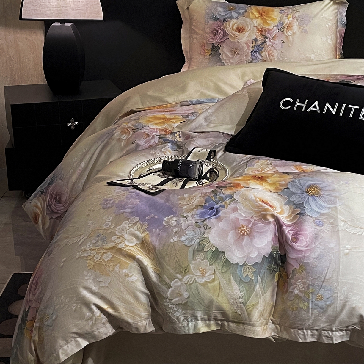 91家纺网 家纺一手货源 找家纺 大渔生活 2025新款贡缎长绒棉高品数码印花四件套 柔缎花眠