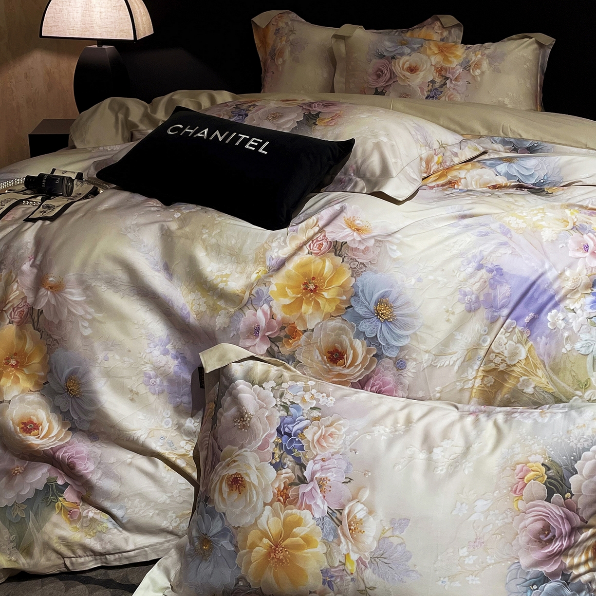 91家纺网 家纺一手货源 找家纺 大渔生活 2025新款贡缎长绒棉高品数码印花四件套 柔缎花眠