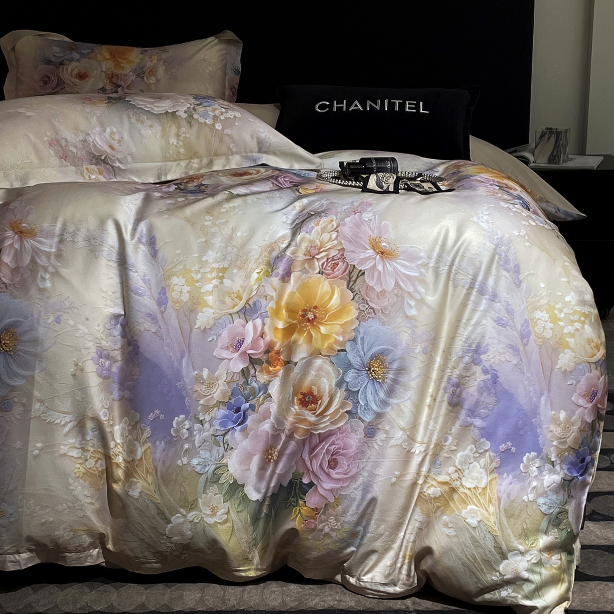 91家纺网 家纺一手货源 找家纺 大渔生活 2025新款贡缎长绒棉高品数码印花四件套 柔缎花眠