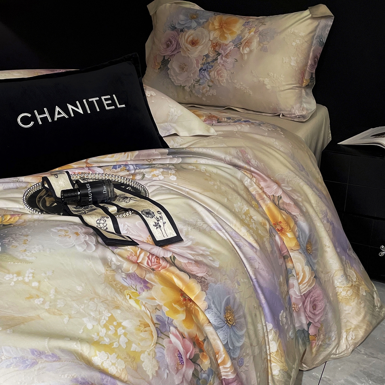 91家纺网 家纺一手货源 找家纺 大渔生活 2025新款贡缎长绒棉高品数码印花四件套 柔缎花眠