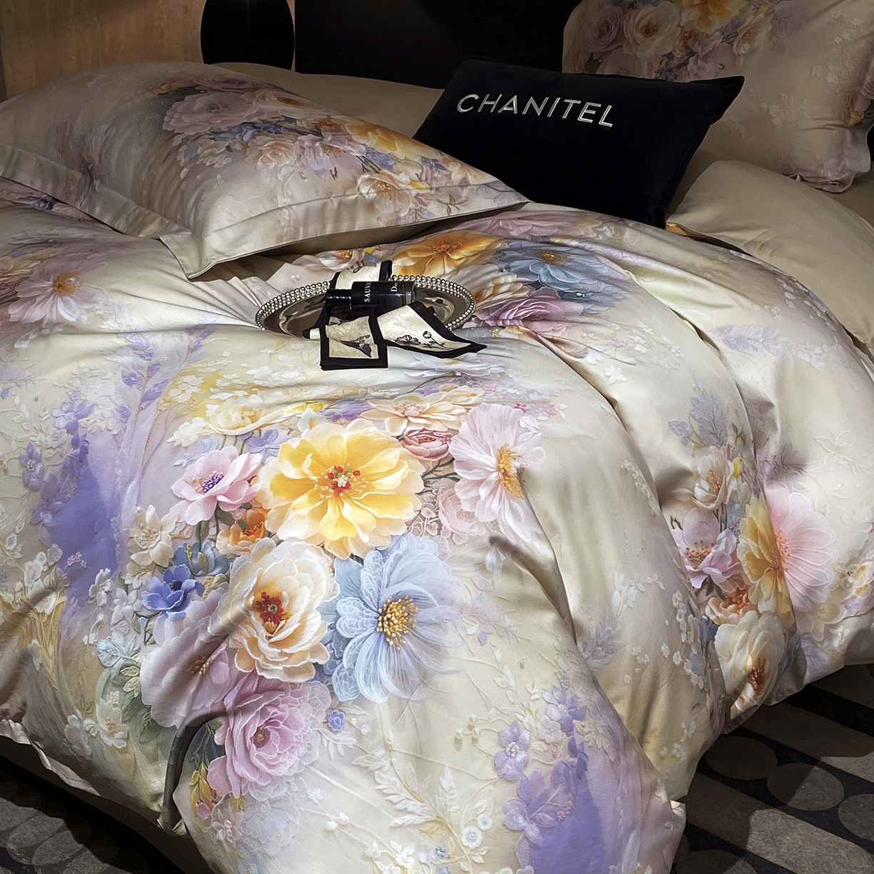 91家纺网 家纺一手货源 找家纺 大渔生活 2025新款贡缎长绒棉高品数码印花四件套 柔缎花眠