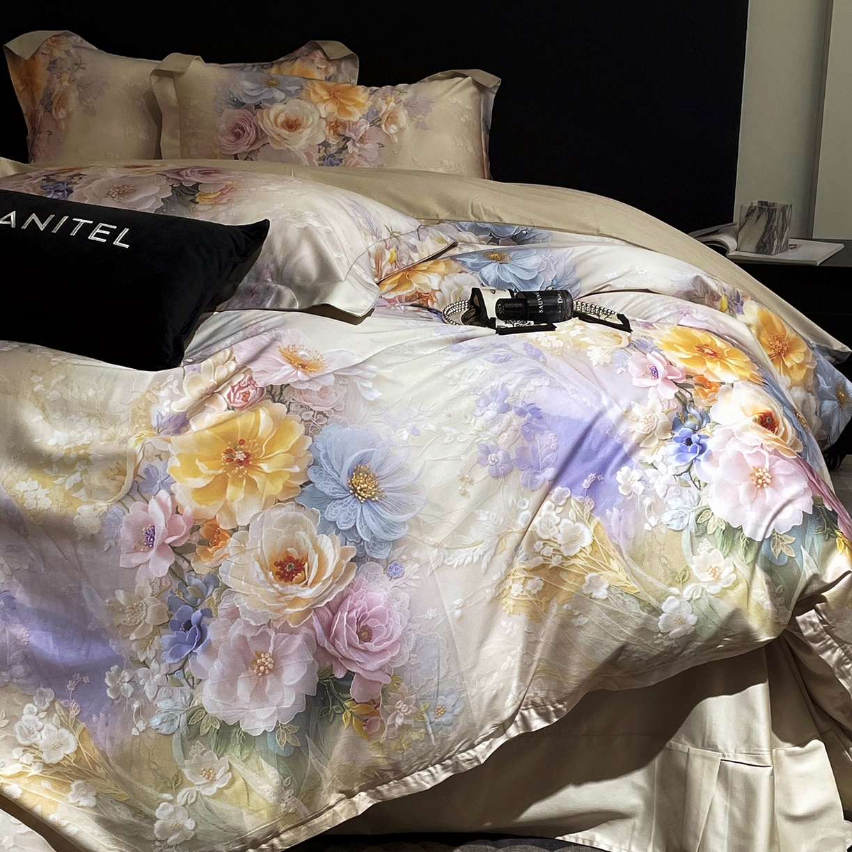 91家纺网 家纺一手货源 找家纺 大渔生活 2025新款贡缎长绒棉高品数码印花四件套 柔缎花眠