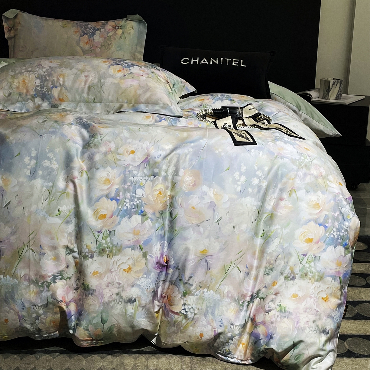 91家纺网 家纺一手货源 找家纺 大渔生活 2025新款贡缎长绒棉高品数码印花四件套 柔菌栀恋