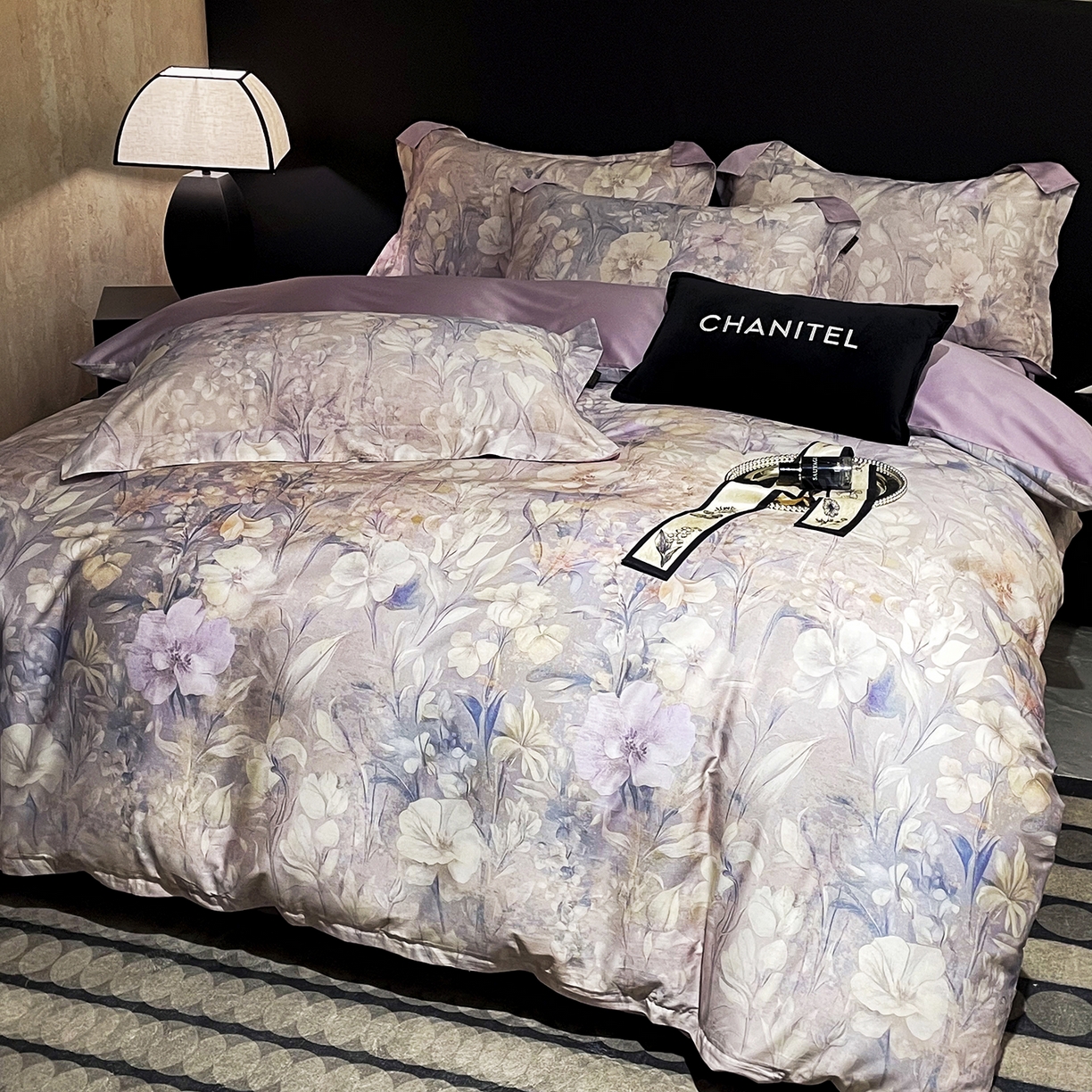 91家纺网 家纺一手货源 找家纺 大渔生活 2025新款贡缎长绒棉高品数码印花四件套 怡梦花韵