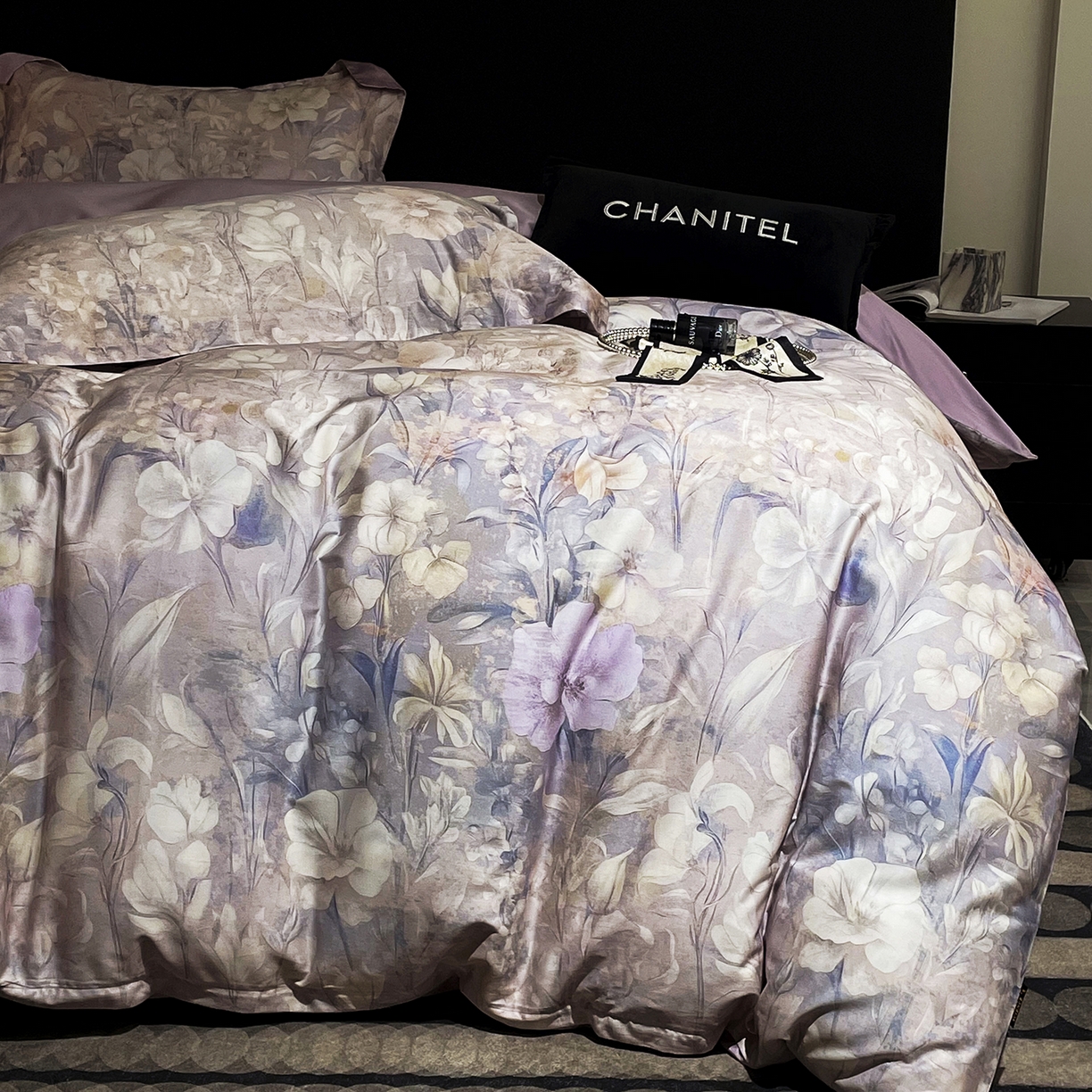 91家纺网 家纺一手货源 找家纺 大渔生活 2025新款贡缎长绒棉高品数码印花四件套 怡梦花韵