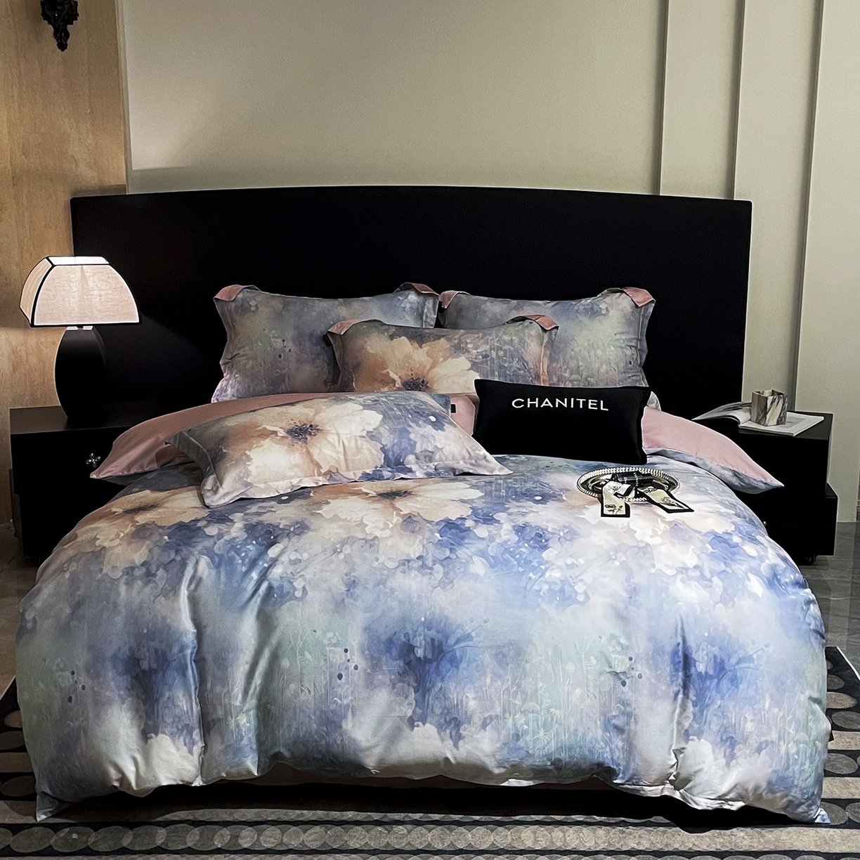 大渔生活 2025新款贡缎长绒棉高品数码印花四件套 云花漾蓝