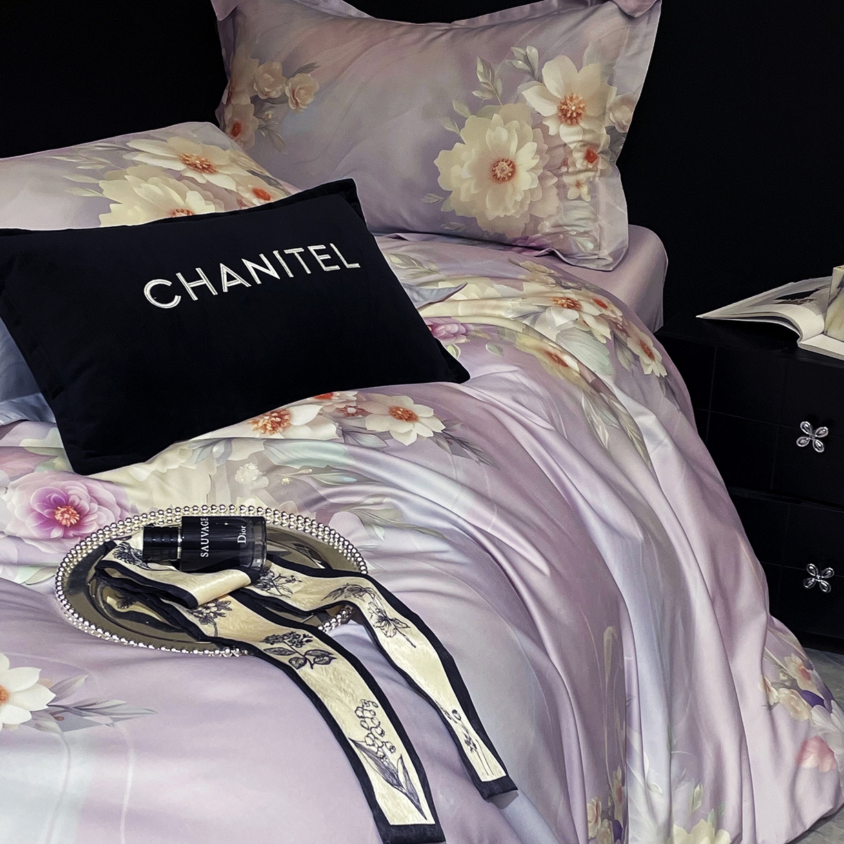 91家纺网 家纺一手货源 找家纺 大渔生活 2025新款贡缎长绒棉高品数码印花四件套 紫绫花梦