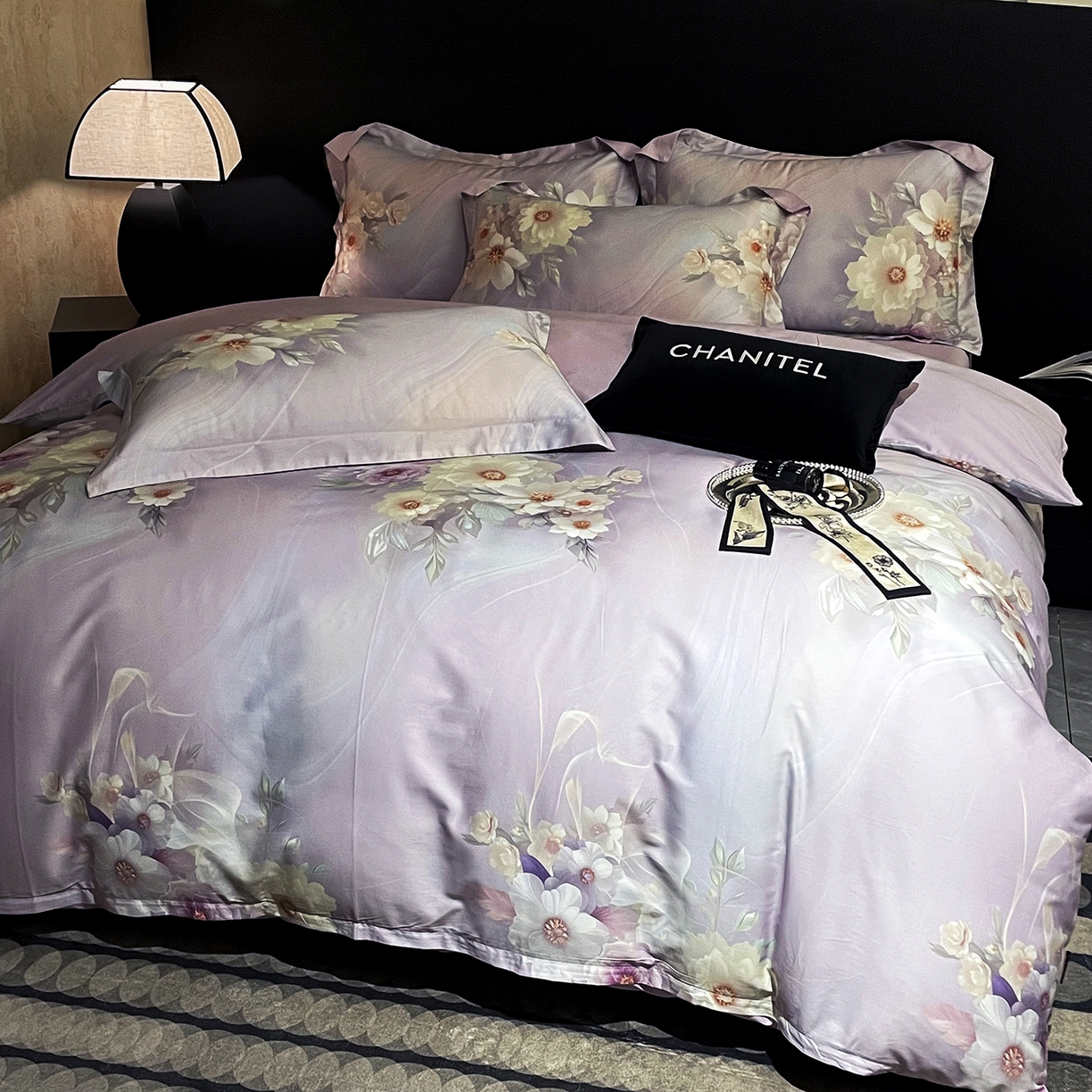 91家纺网 家纺一手货源 找家纺 大渔生活 2025新款贡缎长绒棉高品数码印花四件套 紫绫花梦