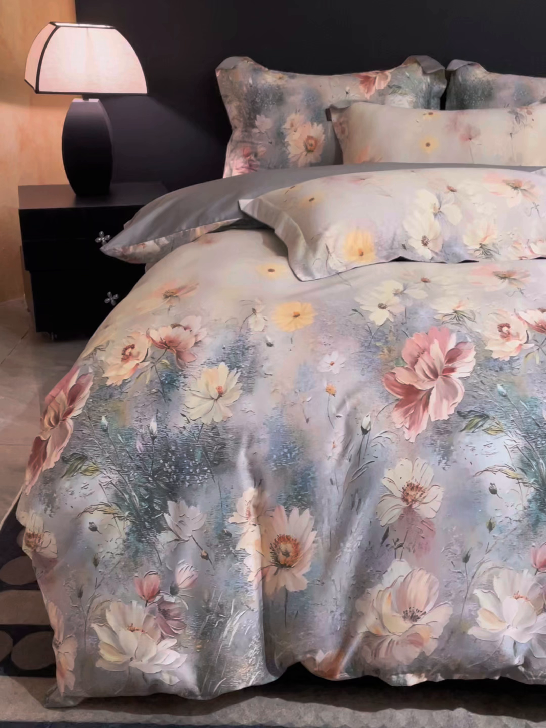 91家纺网 家纺一手货源 找家纺 大渔生活 2025新款贡缎长绒棉高品数码印花四件套 清梦花漪