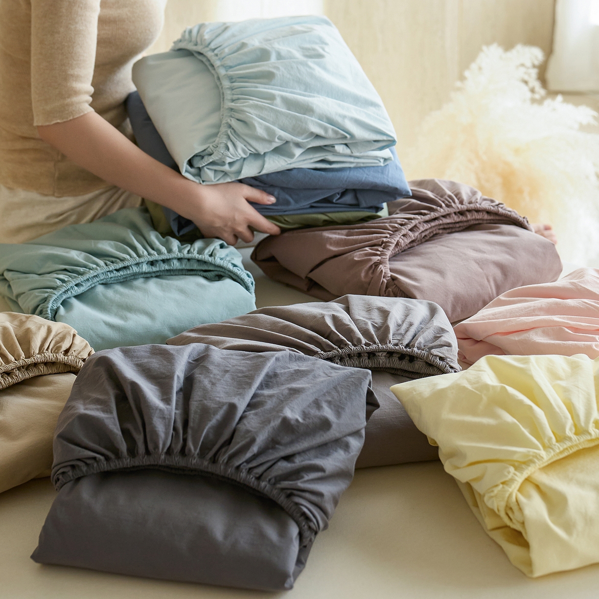 91家纺网 家纺一手货源 找家纺 轩和家居 2025新款全棉高支旧感砂洗长绒棉单床笠 组合