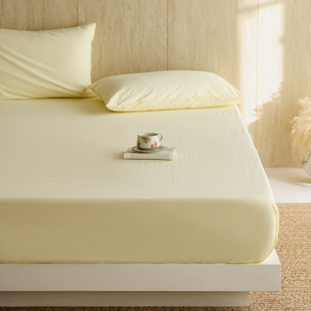 91家纺网 家纺一手货源 找家纺 轩和家居 2025新款全棉高支旧感砂洗长绒棉单床笠 淡黄色