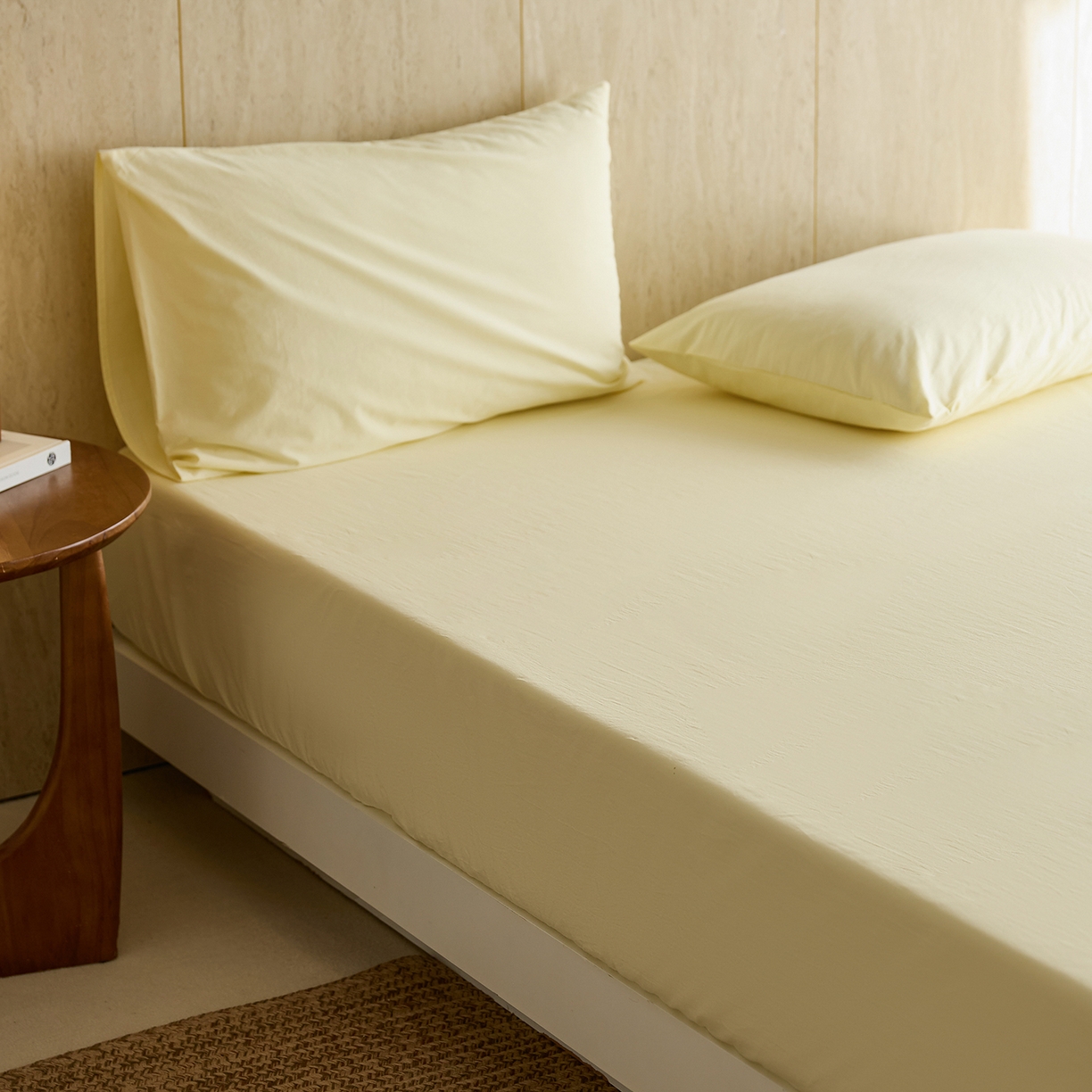 91家纺网 家纺一手货源 找家纺 轩和家居 2025新款全棉高支旧感砂洗长绒棉单床笠 淡黄色