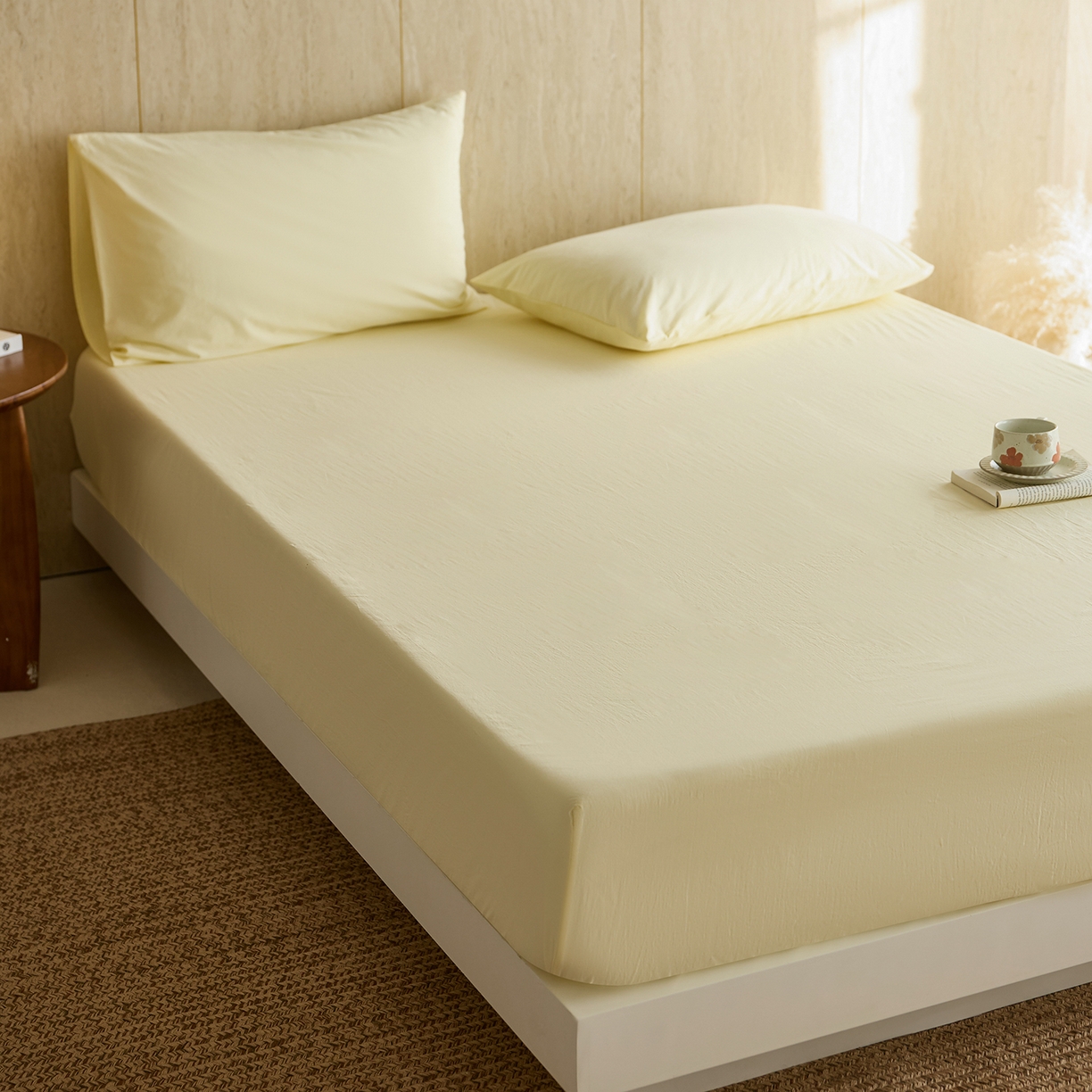 91家纺网 家纺一手货源 找家纺 轩和家居 2025新款全棉高支旧感砂洗长绒棉单床笠 淡黄色