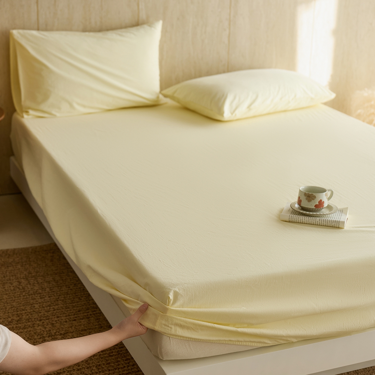 91家纺网 家纺一手货源 找家纺 轩和家居 2025新款全棉高支旧感砂洗长绒棉单床笠 淡黄色