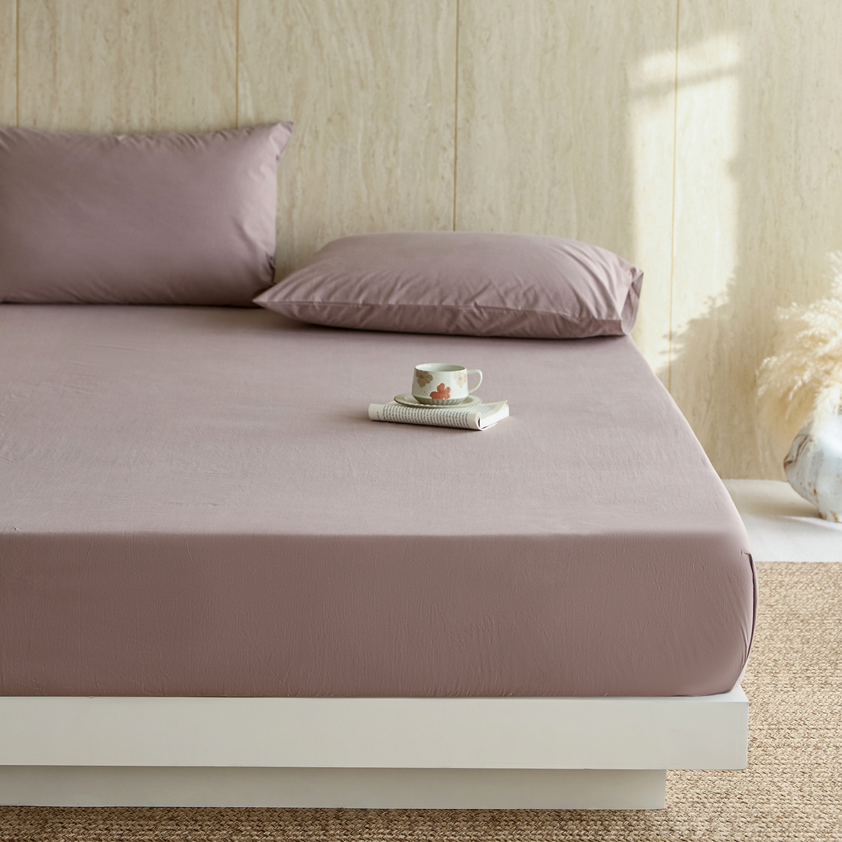 91家纺网 家纺一手货源 找家纺 轩和家居 2025新款全棉高支旧感砂洗长绒棉单床笠 豆沙色