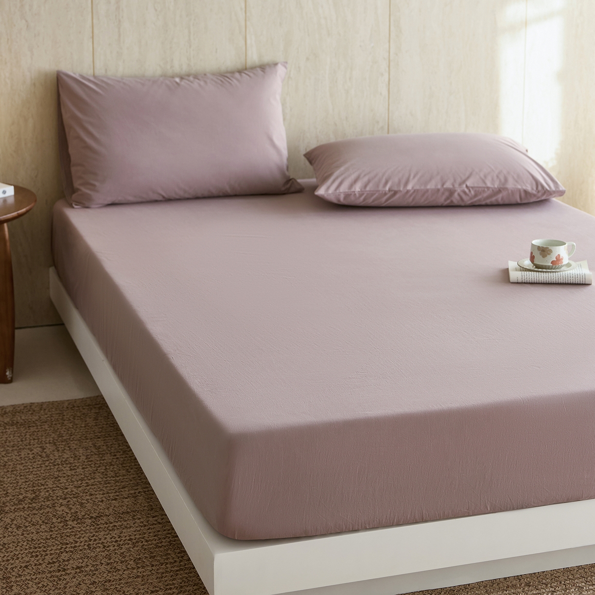 91家纺网 家纺一手货源 找家纺 轩和家居 2025新款全棉高支旧感砂洗长绒棉单床笠 豆沙色