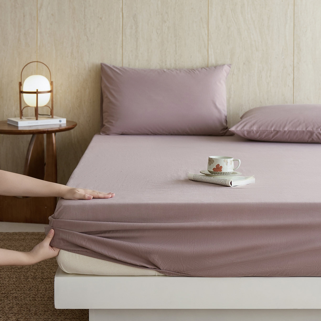 91家纺网 家纺一手货源 找家纺 轩和家居 2025新款全棉高支旧感砂洗长绒棉单床笠 豆沙色