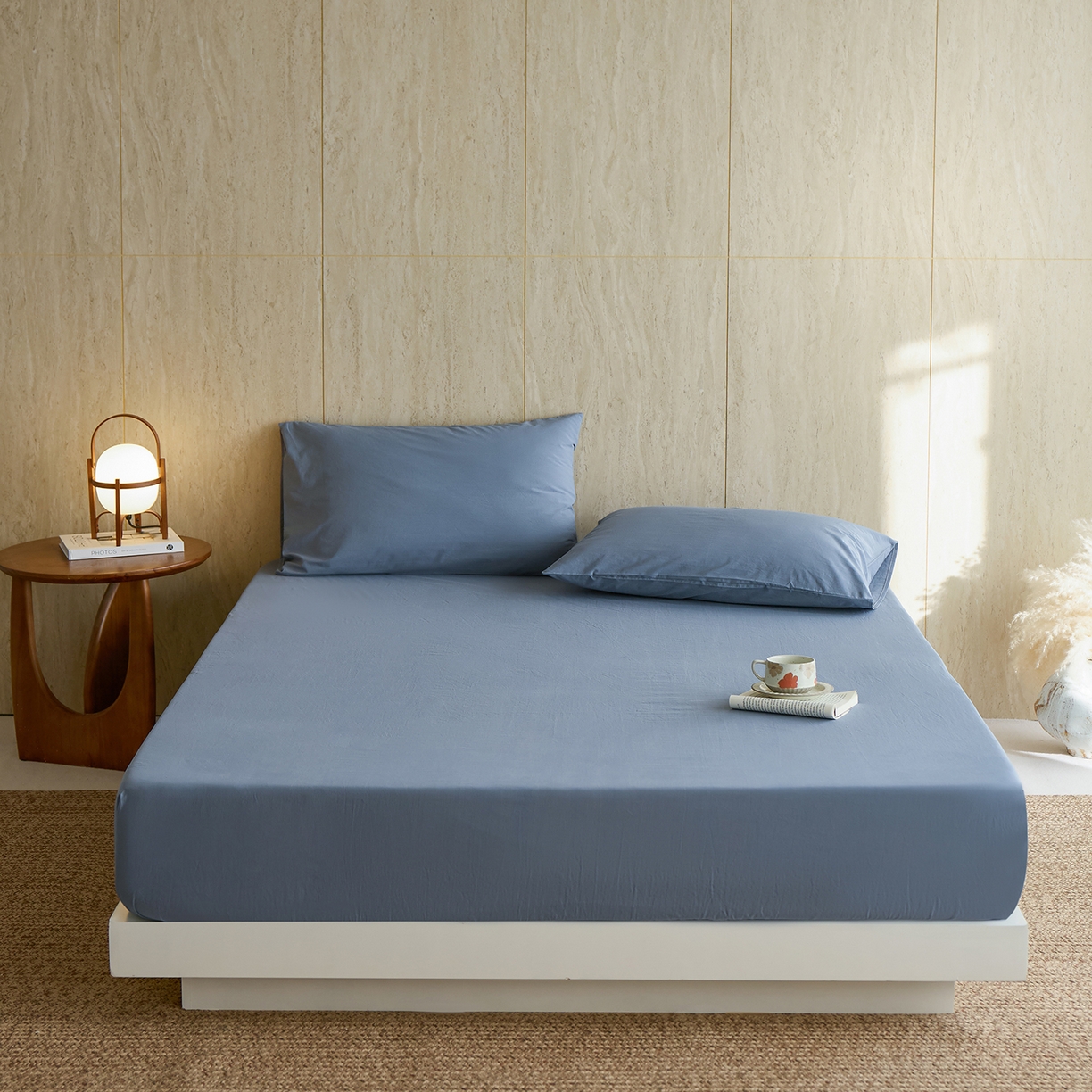 轩和家居 2025新款全棉高支旧感砂洗长绒棉单床笠 霁兰色