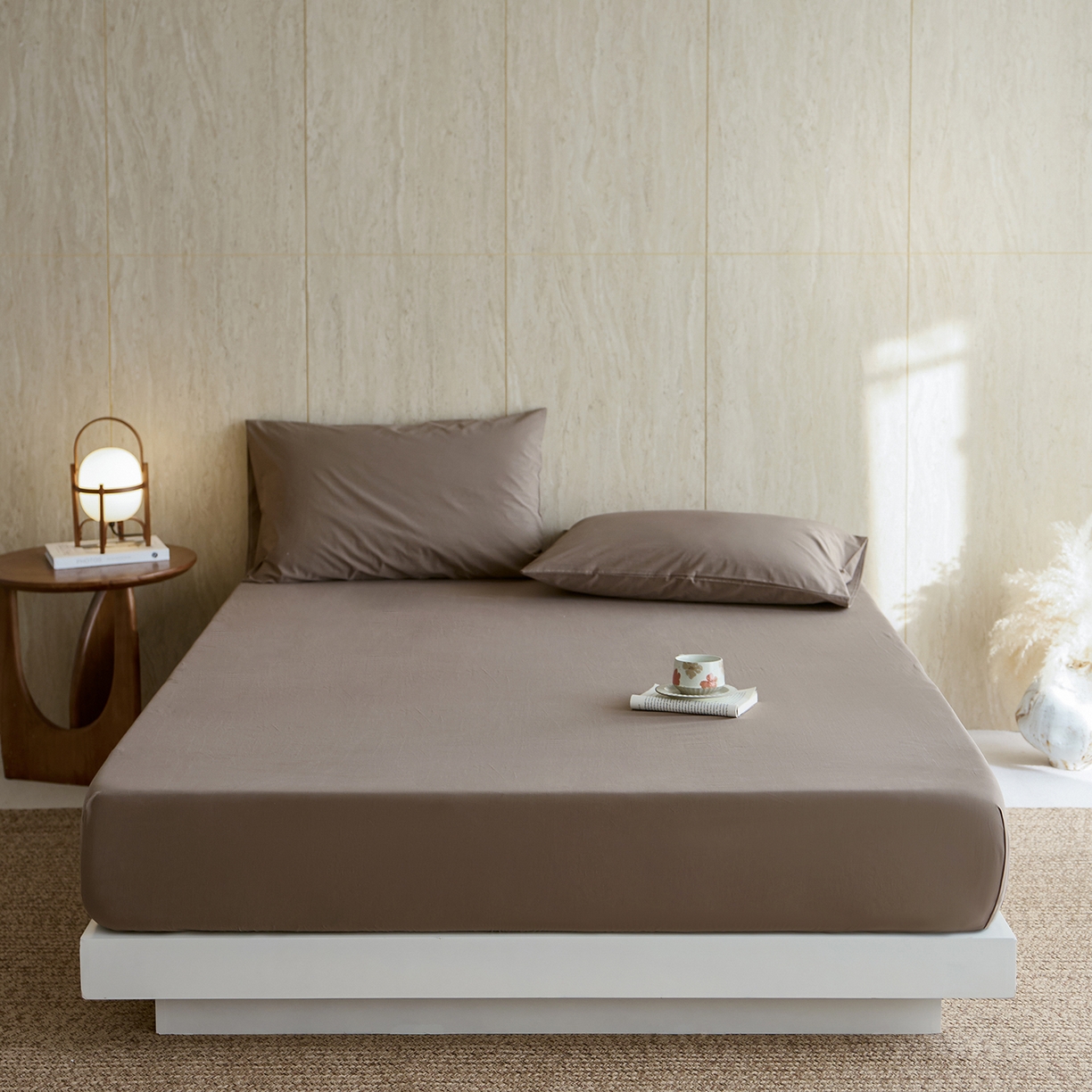 轩和家居 2025新款全棉高支旧感砂洗长绒棉单床笠 落栗棕