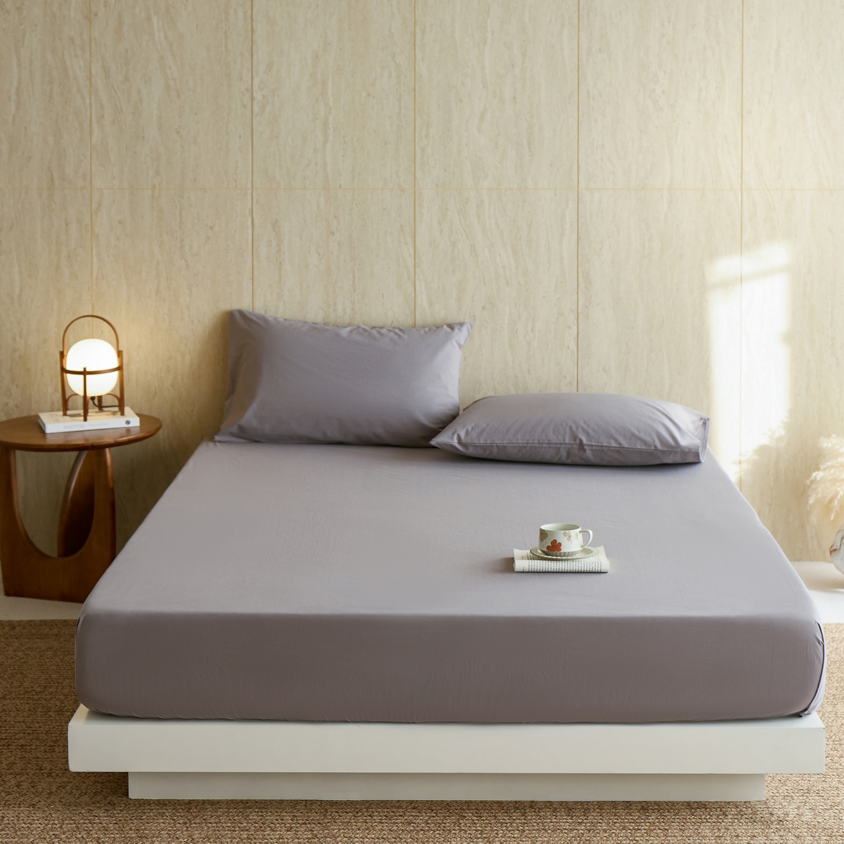 轩和家居 2025新款全棉高支旧感砂洗长绒棉单床笠 暮烟灰