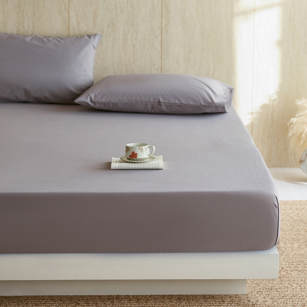 91家纺网 家纺一手货源 找家纺 轩和家居 2025新款全棉高支旧感砂洗长绒棉单床笠 暮烟灰