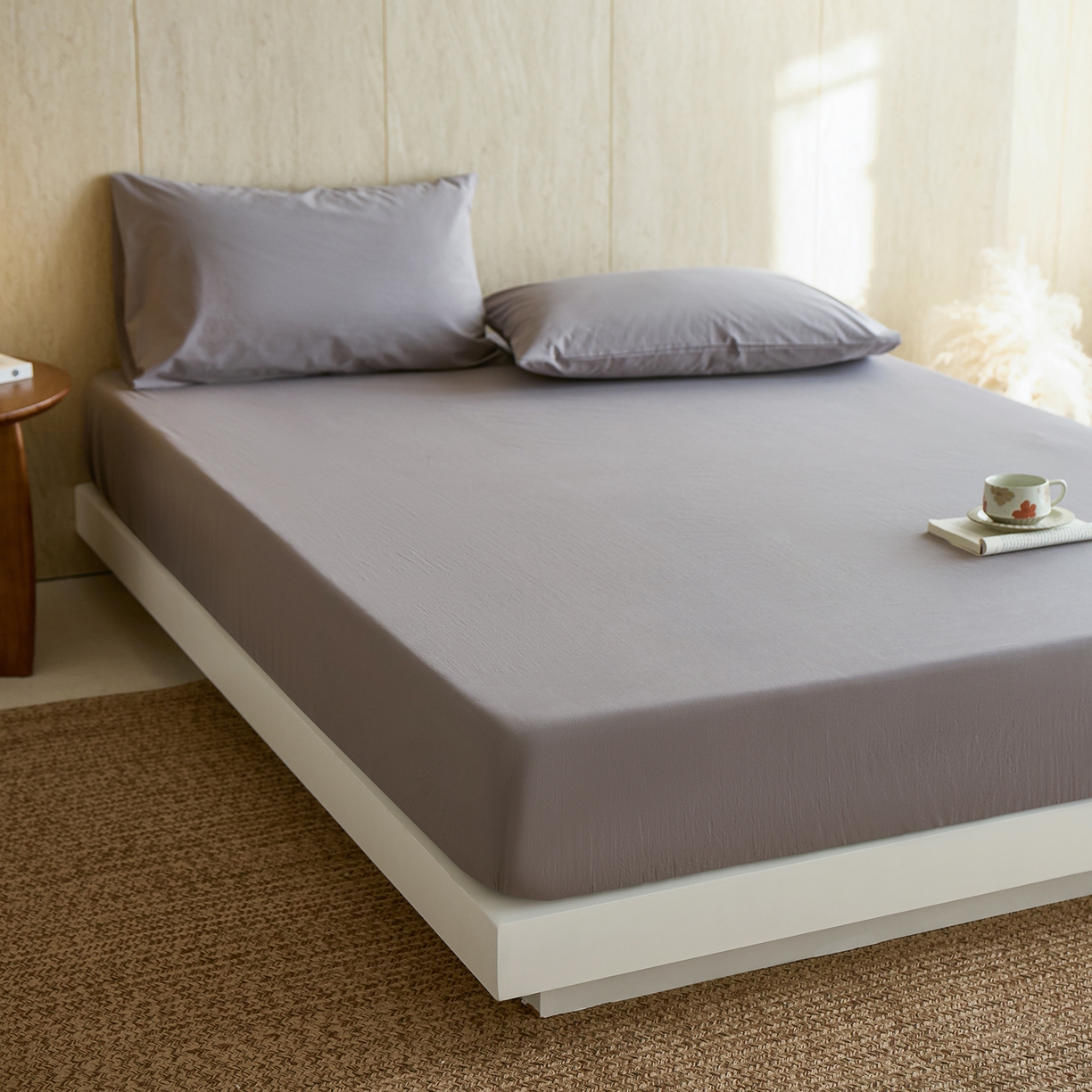 91家纺网 家纺一手货源 找家纺 轩和家居 2025新款全棉高支旧感砂洗长绒棉单床笠 暮烟灰