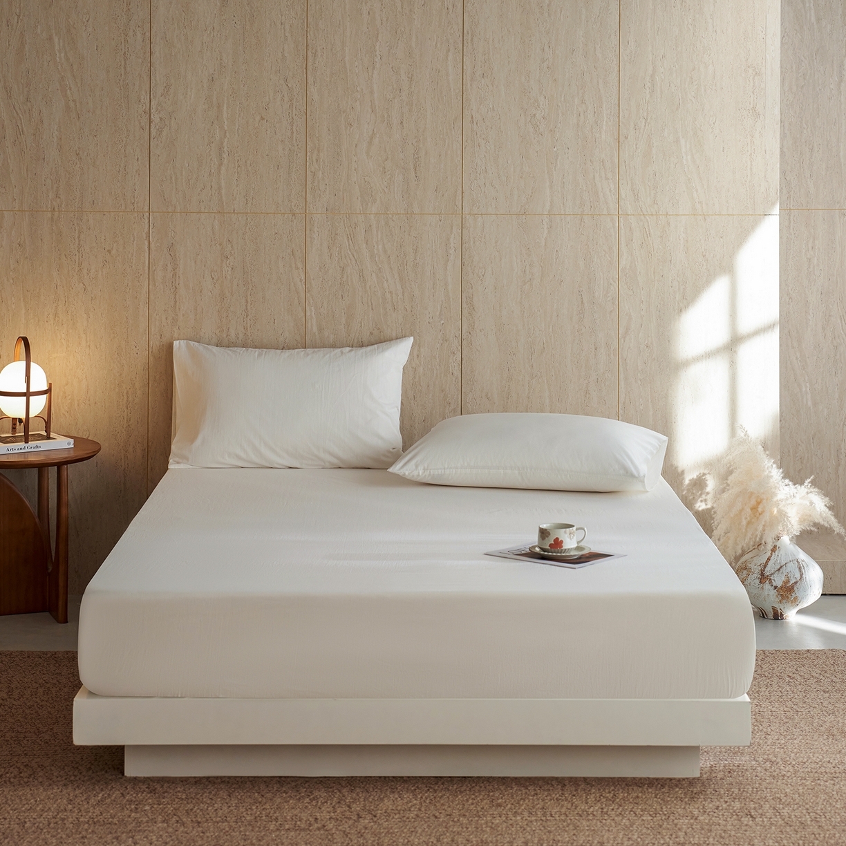 轩和家居 2025新款全棉高支旧感砂洗长绒棉单床笠 浅云白