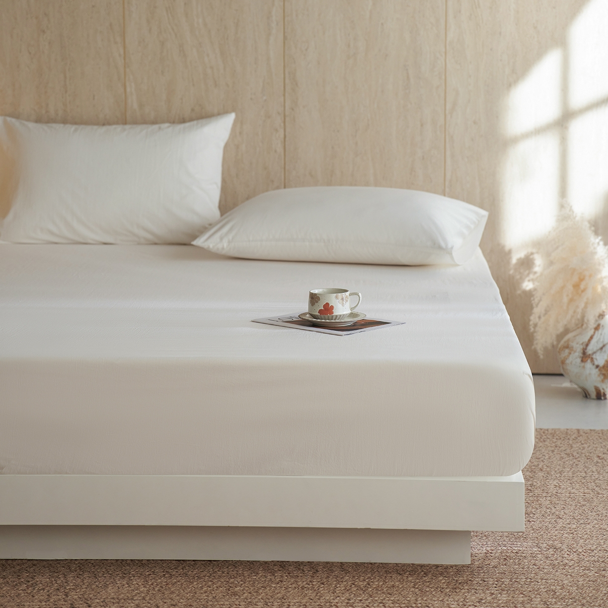 91家纺网 家纺一手货源 找家纺 轩和家居 2025新款全棉高支旧感砂洗长绒棉单床笠 浅云白