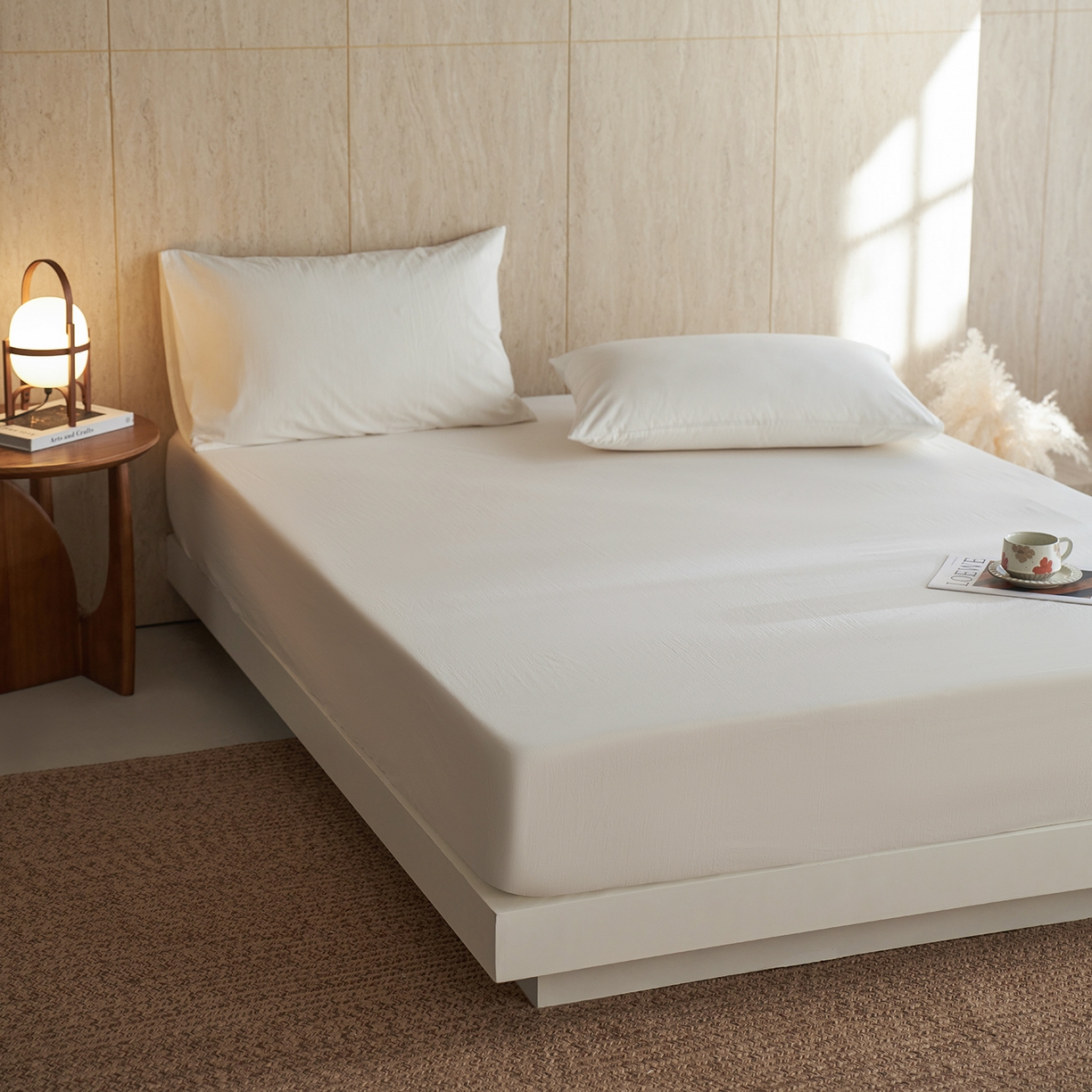 91家纺网 家纺一手货源 找家纺 轩和家居 2025新款全棉高支旧感砂洗长绒棉单床笠 浅云白