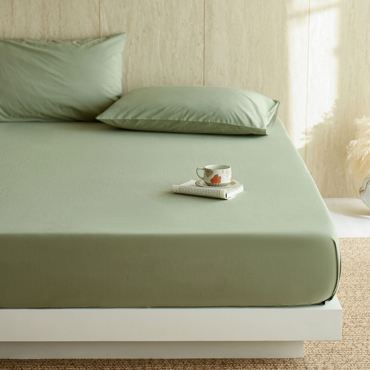 91家纺网 家纺一手货源 找家纺 轩和家居 2025新款全棉高支旧感砂洗长绒棉单床笠 青绿色