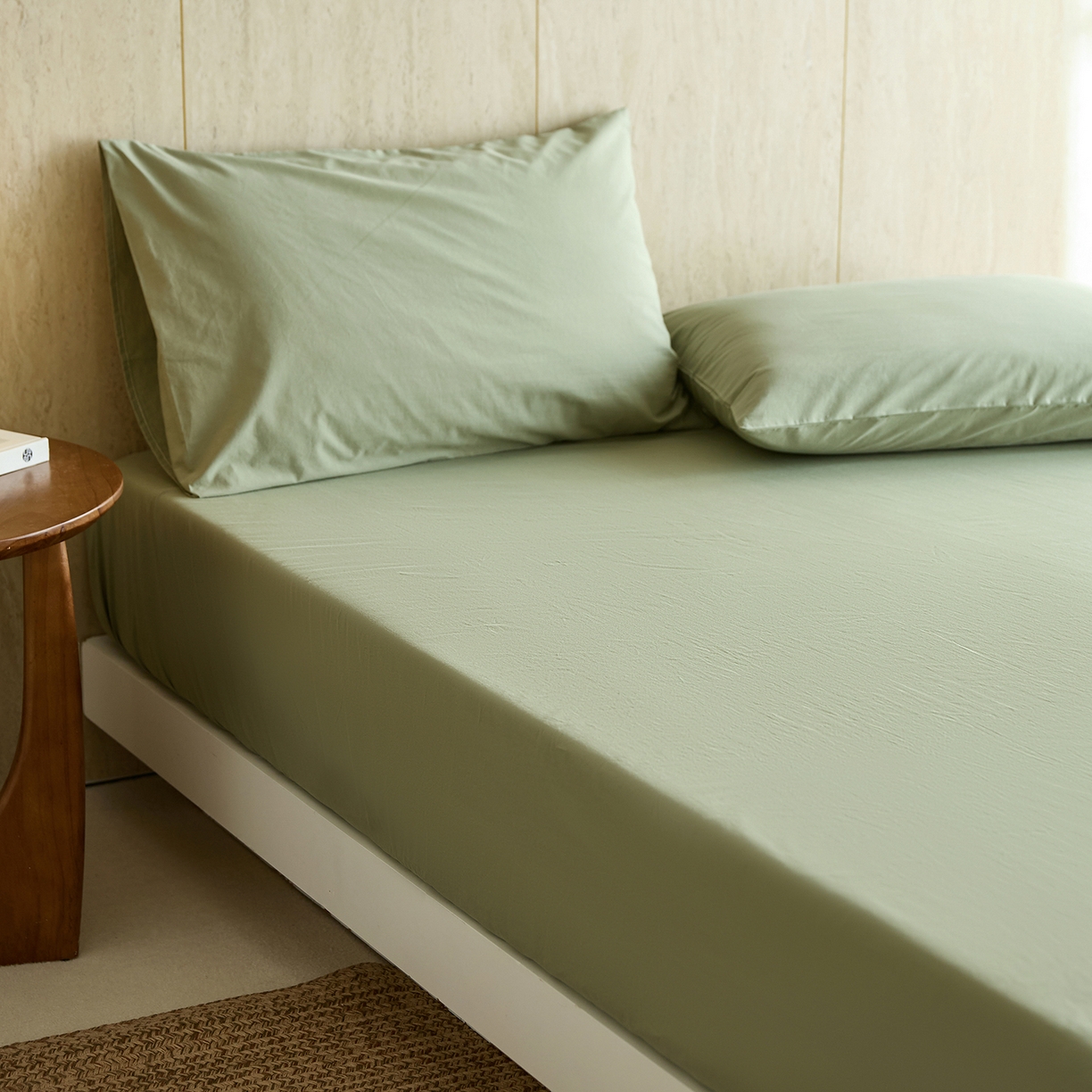 91家纺网 家纺一手货源 找家纺 轩和家居 2025新款全棉高支旧感砂洗长绒棉单床笠 青绿色