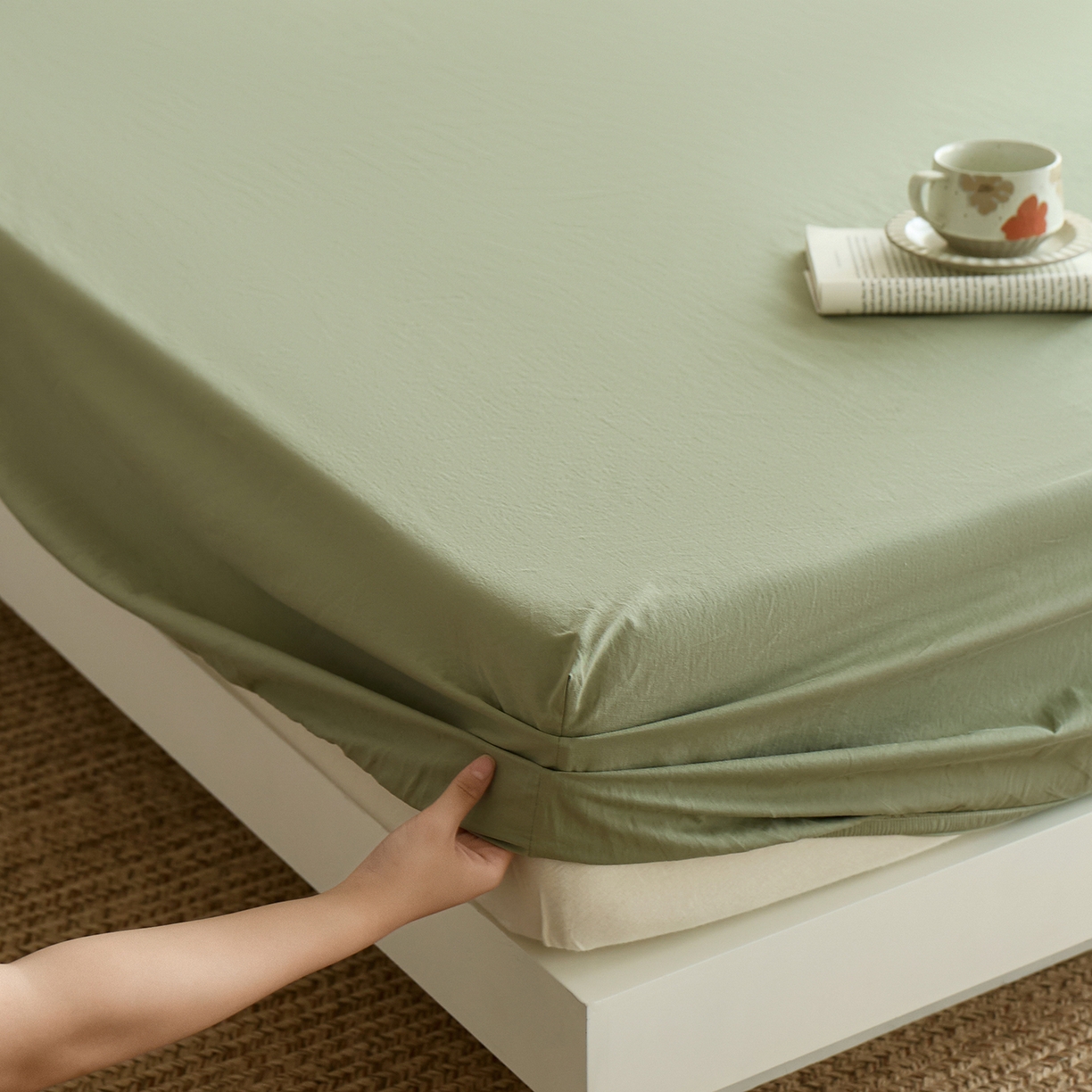 91家纺网 家纺一手货源 找家纺 轩和家居 2025新款全棉高支旧感砂洗长绒棉单床笠 青绿色