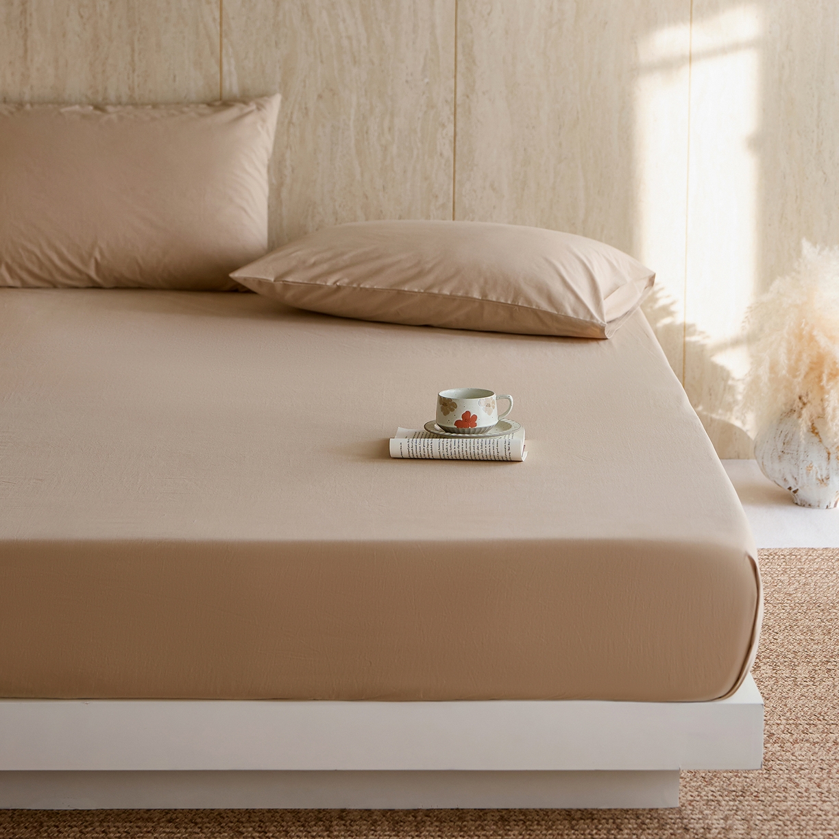 91家纺网 家纺一手货源 找家纺 轩和家居 2025新款全棉高支旧感砂洗长绒棉单床笠 秋麦色