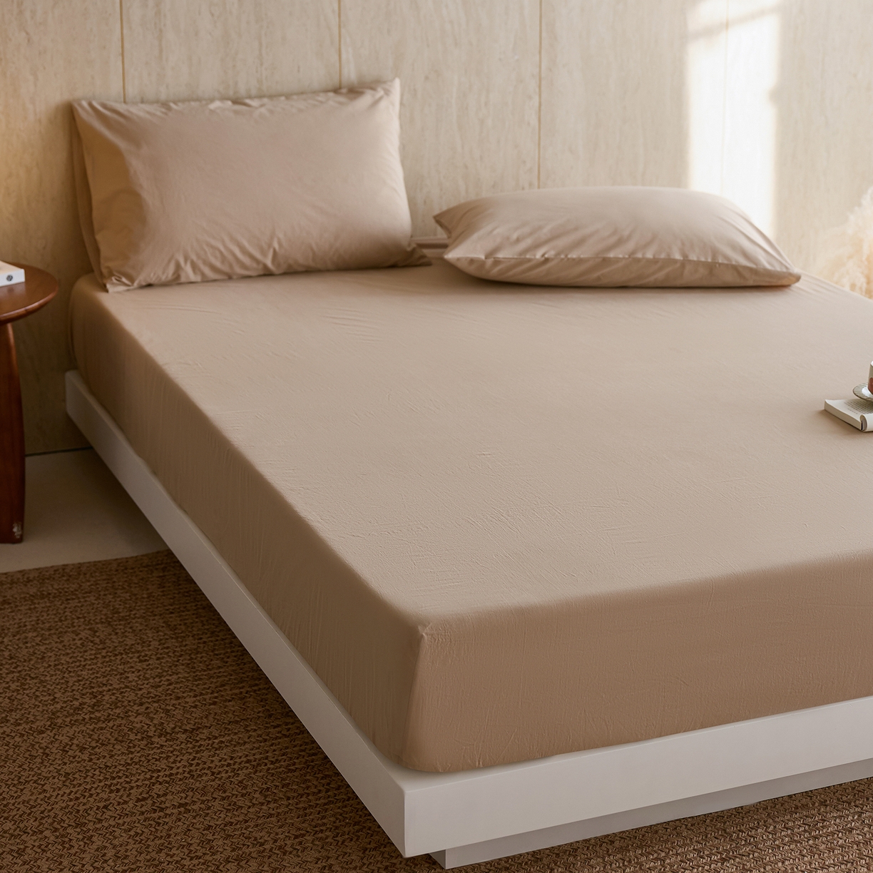 91家纺网 家纺一手货源 找家纺 轩和家居 2025新款全棉高支旧感砂洗长绒棉单床笠 秋麦色